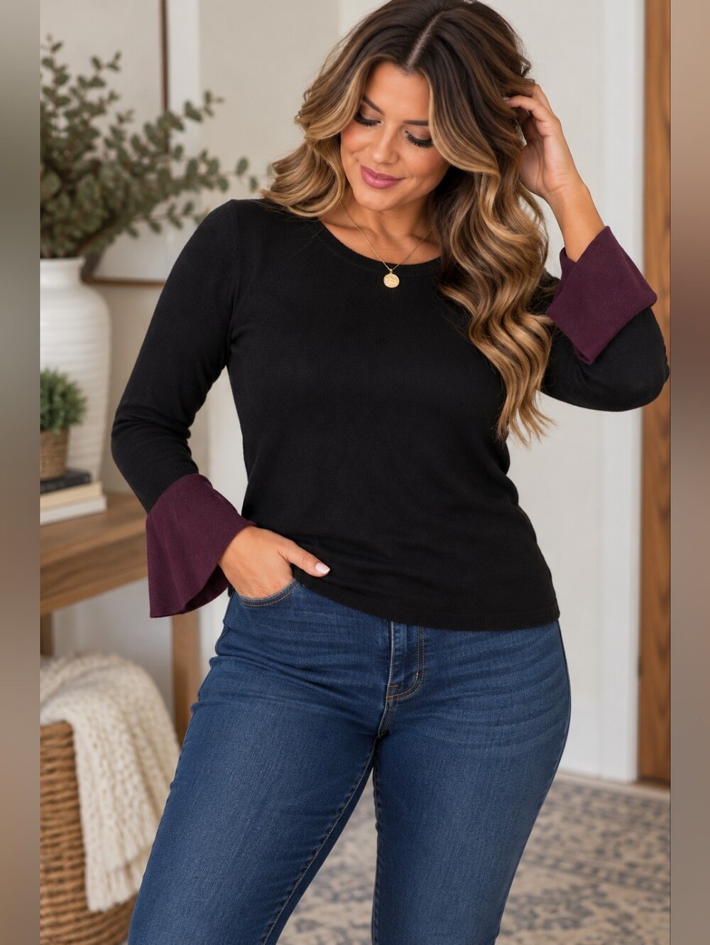 Cynthia Rowley Black Knit Sweater Plum Bell Cuffs M